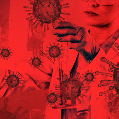 Female Scientist Conducting Experiment Against Low Angle View Of Cranes By Buildings. Testing For Coronavirus, Global Pandemic Concept Female Scientist Conducting Experiment Against Low Angle View Of Cranes By Buildings. Testing For Coronavirus, Global Pandemic Concept