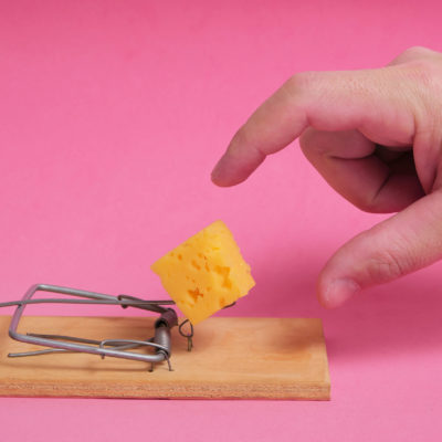 Hand Reaches For Piece Cheese In Mousetrap On A Pink Background.concept Business, Life And Hard Work And Freebies. Hand Reaches For Piece Cheese In Mousetrap On A Pink Background.concept Business, Life And Hard Work And Freebies.